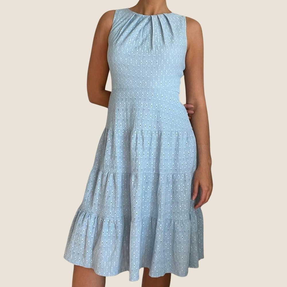 London Times | Baby blue lace sleeveless midi flowy tiered tea dress | Size 4 - Picture 4 of 8